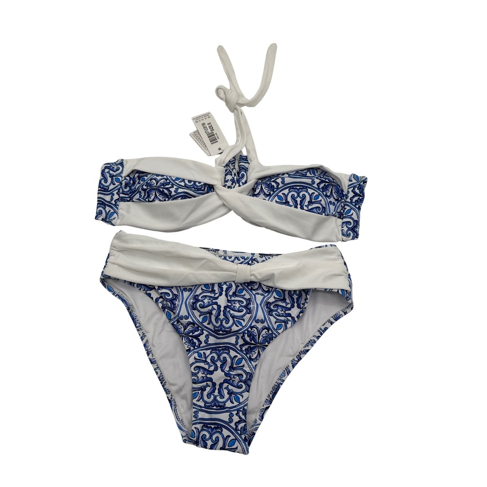 Mermaid Swimwear Blue White Tile Print Bikini Set Halter Top High Waist Small